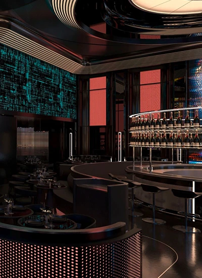 Futuristic Dubai restaurant interior with cosmic-themed decor and statue centerpiece, offering some of the best food in Dubai in a luxurious setting.