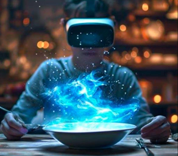 Person wearing VR headset experiencing future food with a glowing digital projection over a dish in a futuristic dining setting.