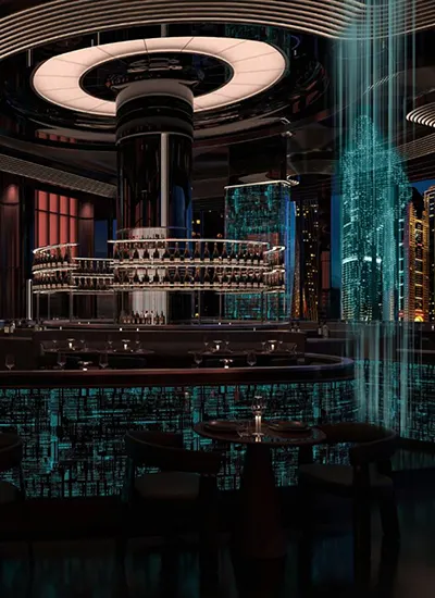 Futuristic interior of Woohoo restaurant in Dubai, featuring a cyberpunk-inspired design with illuminated ceiling structures, glowing digital textures, and panoramic city views.