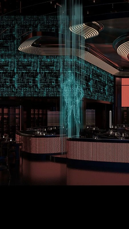 The blue and pink interior of a restaurant