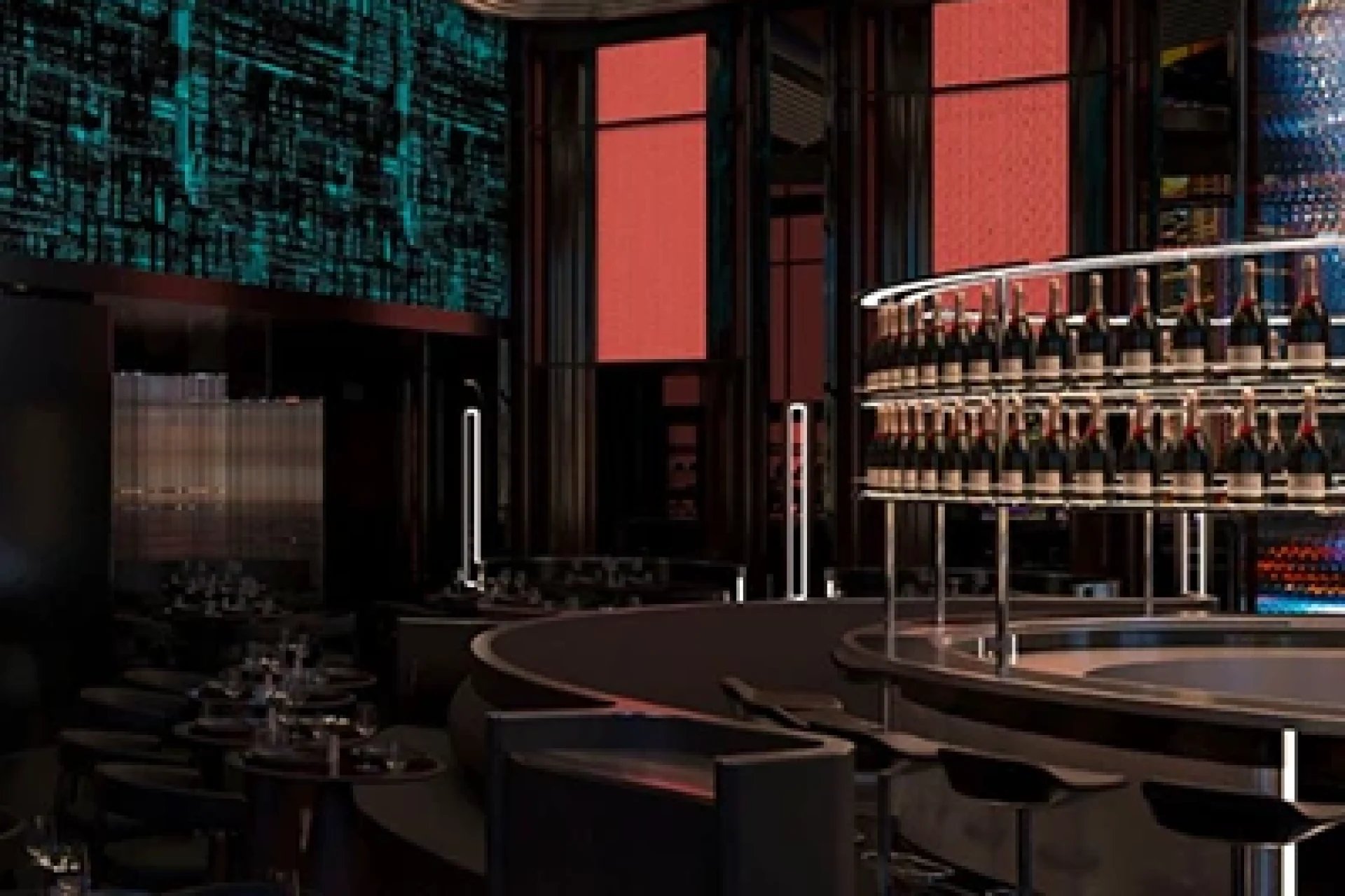 Futuristic Dubai restaurant interior with cosmic-themed decor and statue centerpiece, offering some of the best food in Dubai in a luxurious setting.