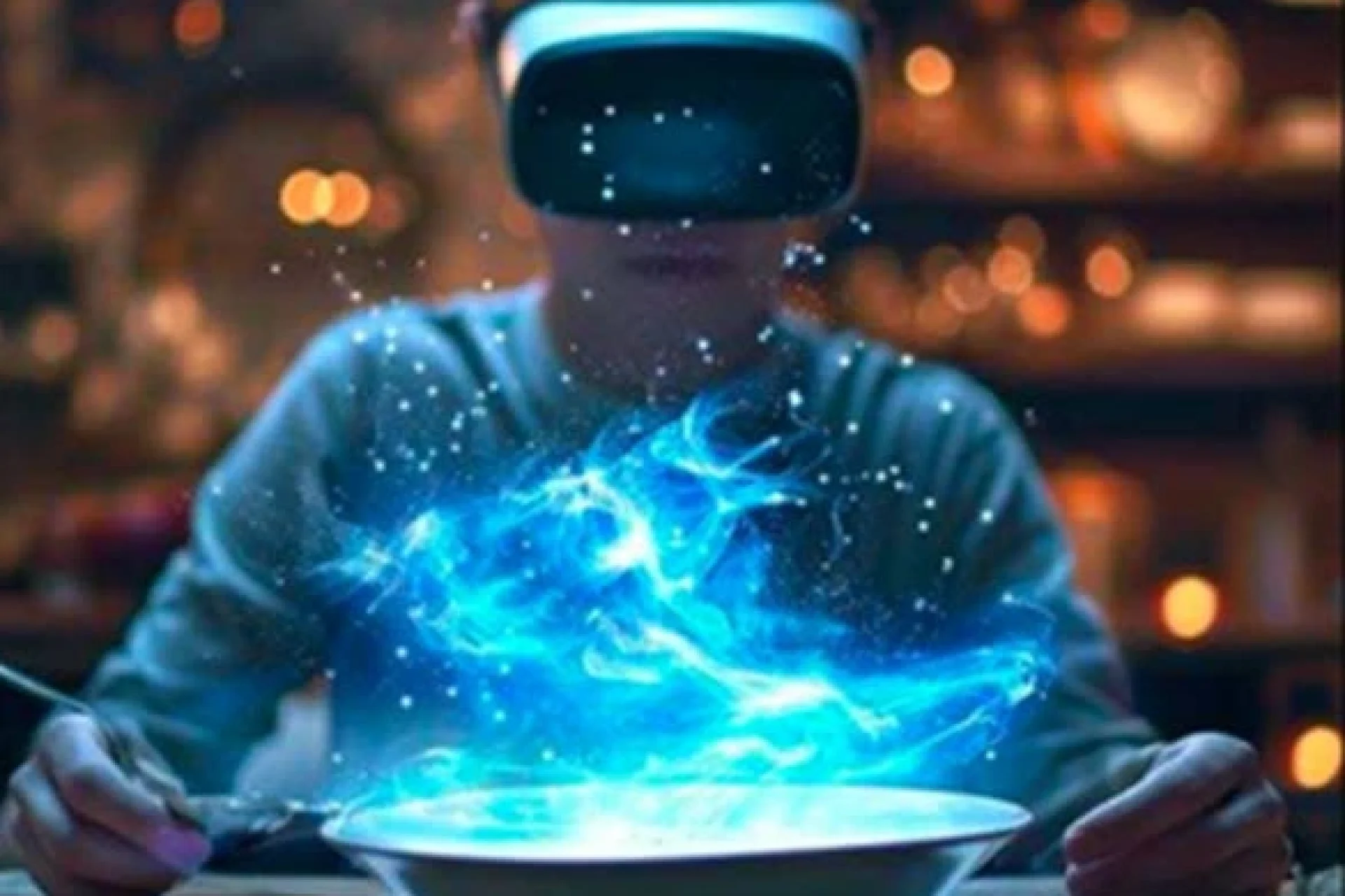 Person wearing VR headset experiencing future food with a glowing digital projection over a dish in a futuristic dining setting.