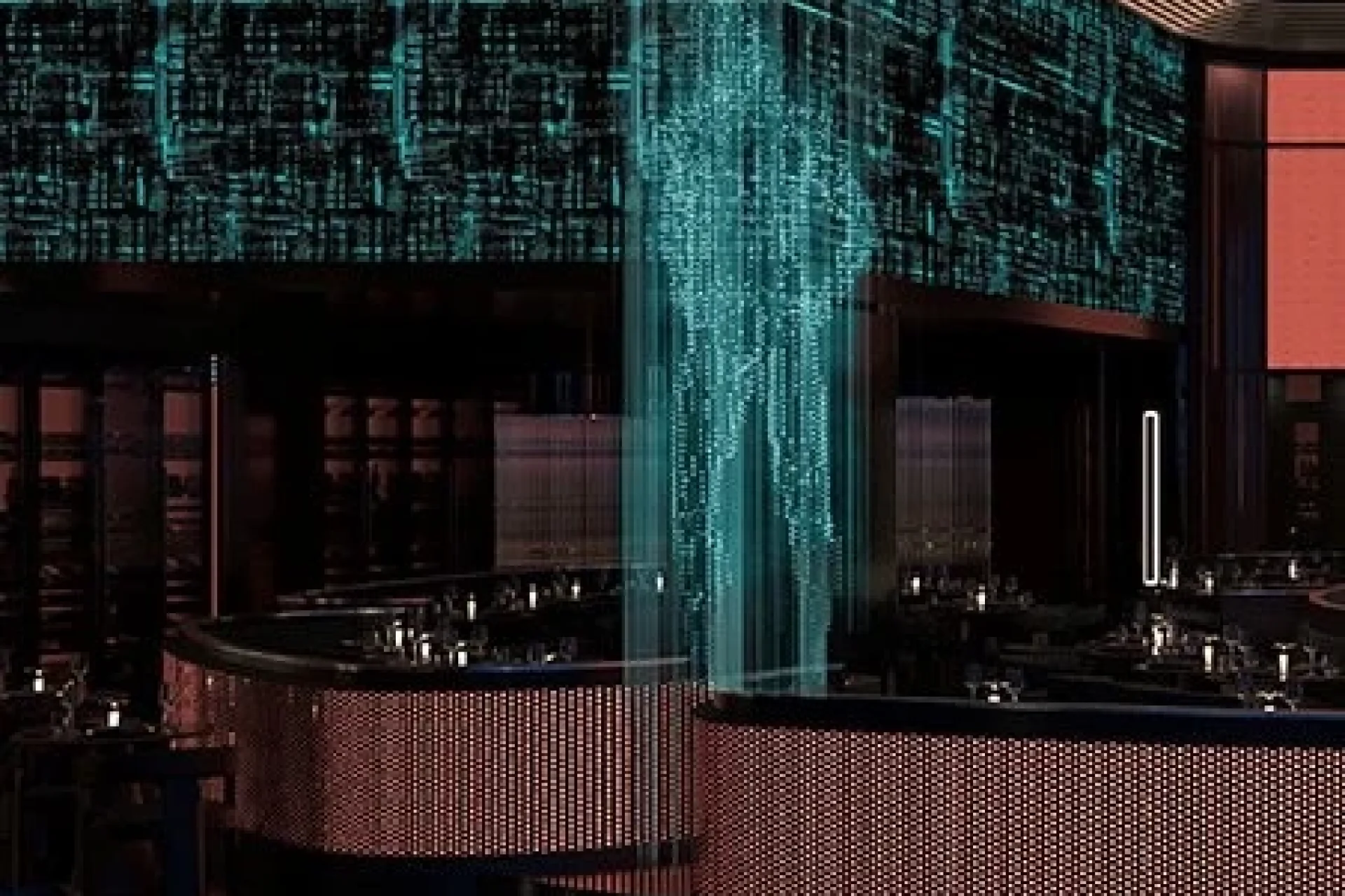 The blue and pink interior of a restaurant